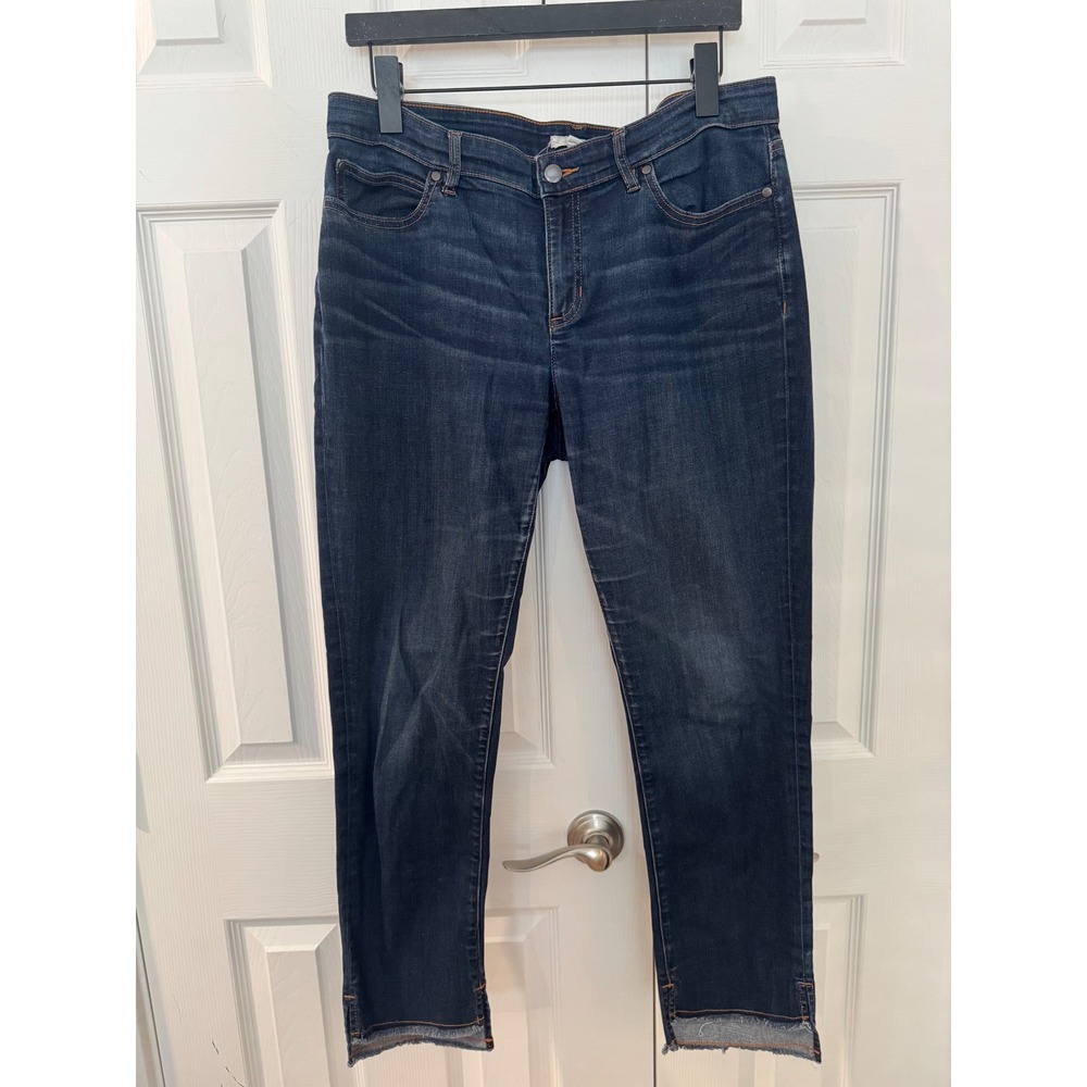 Eileen Fisher Dark Wash Organic Cotton Slim Jeans Frayed Hem Size 12 R18MDN